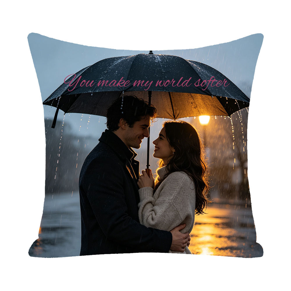Custom romantic pillow cover with "You make my world softer" quote, couple embracing under umbrella in rainy sunset city, personalized love keepsake, wedding and Valentine's Day gift
