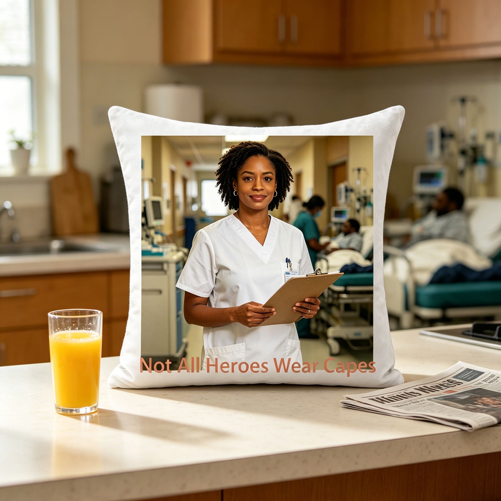 Custom healthcare worker photo pillow resting on a sunlit kitchen counter, next to a glass of orange juice and morning newspaper. A casual, homey scene showing the pillow as part of a healthcare hero’s quiet morning routine.