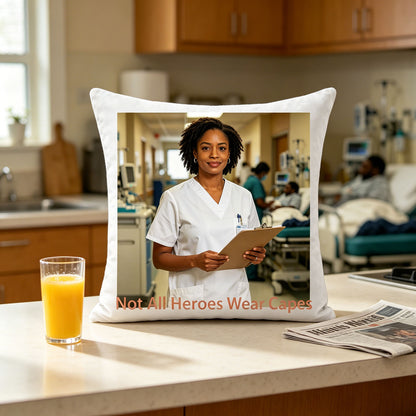 Custom healthcare worker photo pillow resting on a sunlit kitchen counter, next to a glass of orange juice and morning newspaper. A casual, homey scene showing the pillow as part of a healthcare hero’s quiet morning routine.
