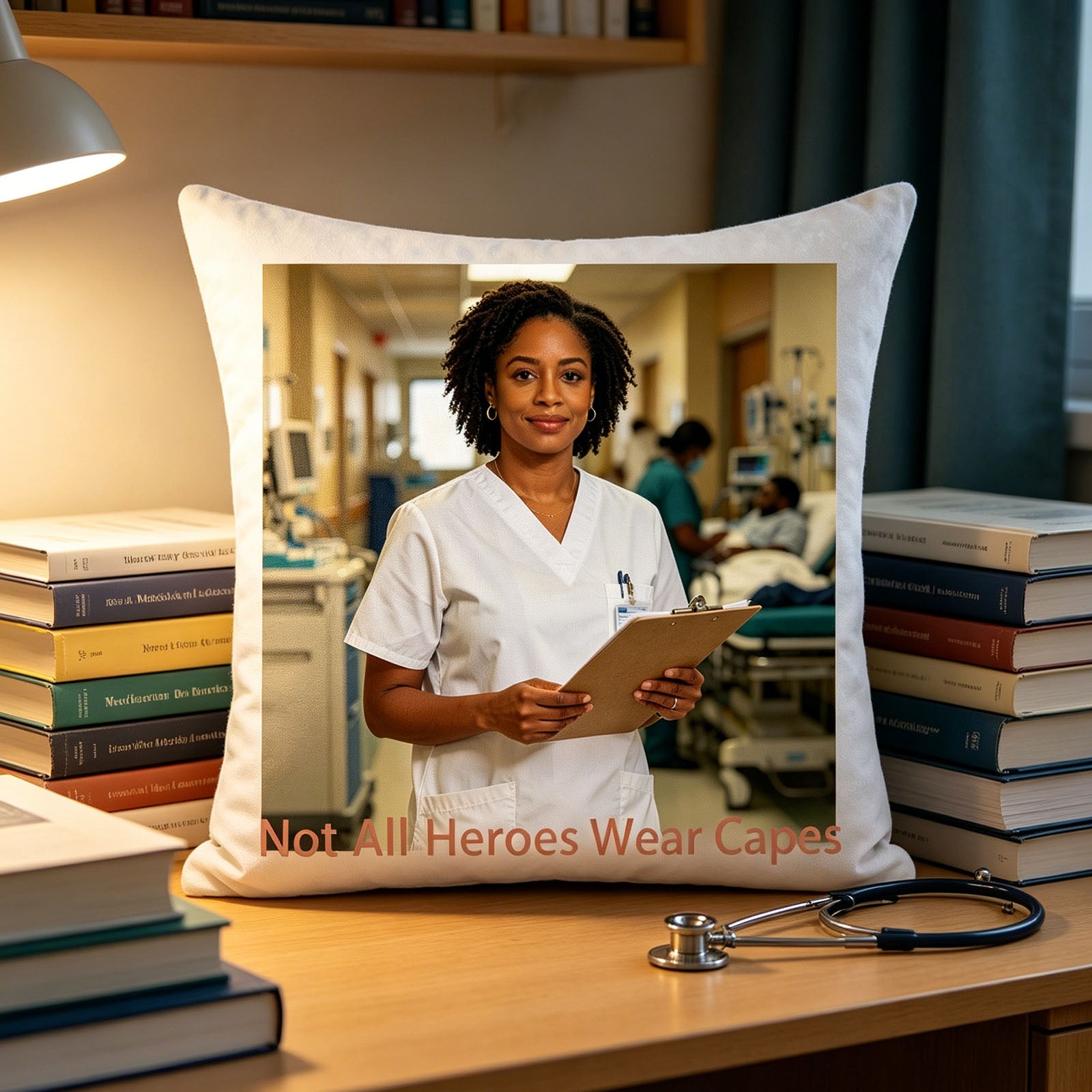 Custom healthcare worker photo pillow placed on a sunlit study desk, surrounded by medical textbooks and a stethoscope. An inspiring touch for nurses and doctors, celebrating their dedication to lifelong learning.