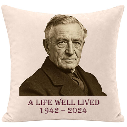 Custom memorial pillow for dad with a vintage-style portrait of an elderly man, personalized with "A Life Well Lived" and years 1942-2024, sympathy keepsake for remembering a father or grandfather, soft cream fabric throw pillow.
