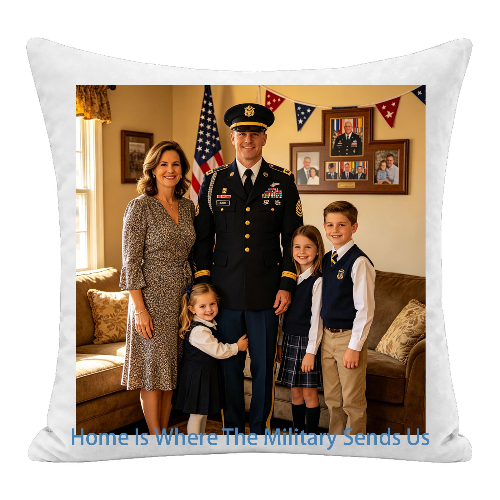Custom military family photo pillow featuring the quote "Home Is Where The Military Sends Us", personalized with your service member’s family portrait. A premium keepsake cushion, perfect as a sentimental military spouse, veteran, or deployment homecoming gift.