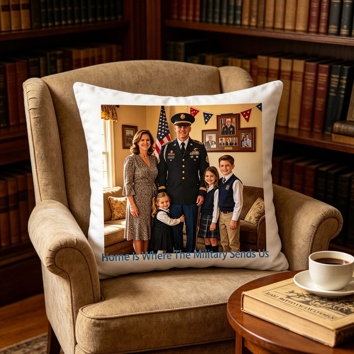 Personalized military family photo pillow resting on a classic wingback chair in a sunlit library. A cozy, patriotic touch for service members’ reading nooks or living rooms.