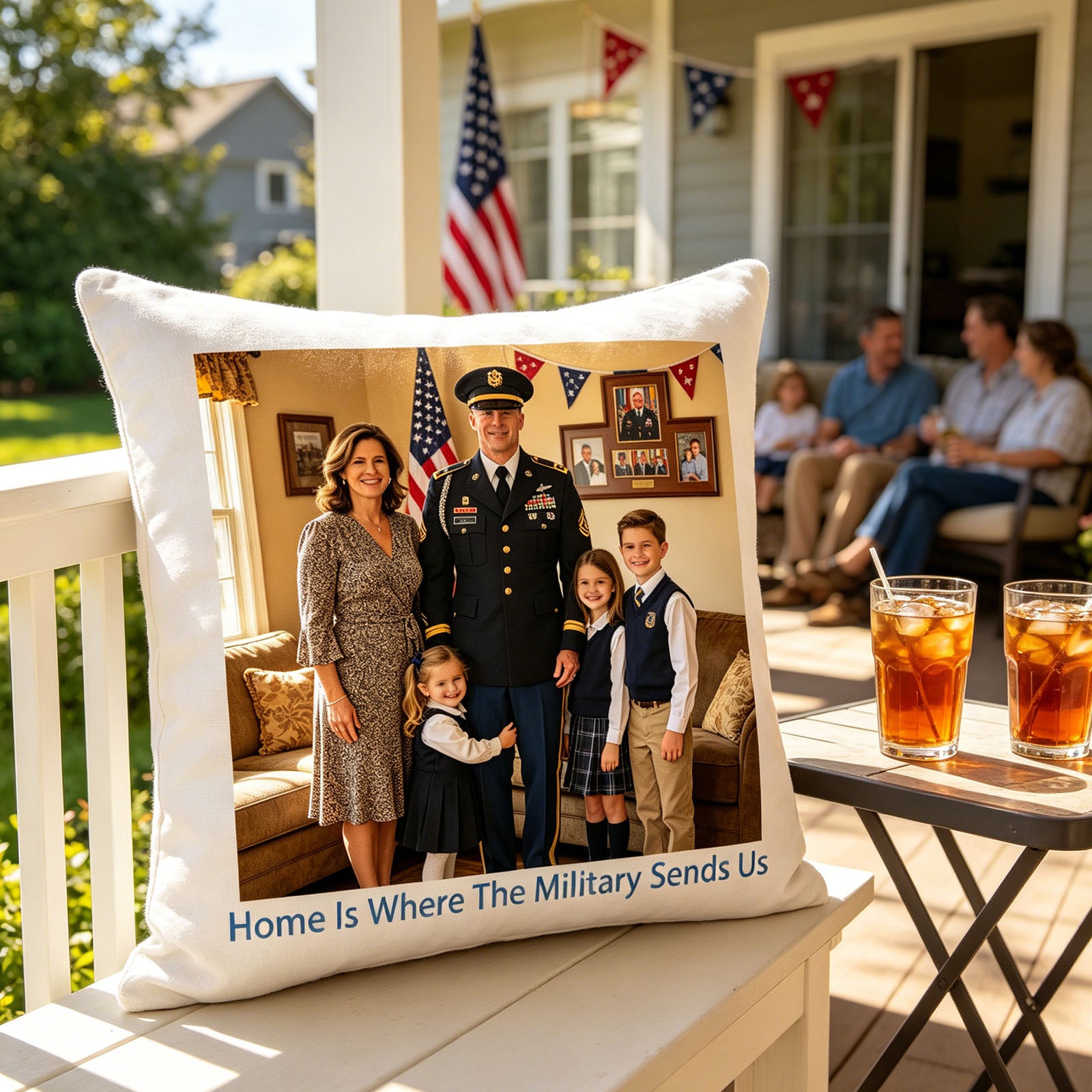 Custom military family keepsake pillow placed on a sunlit patio railing, with an American flag and family gathering in the background. A warm, proud addition to home porch life, celebrating military family life.