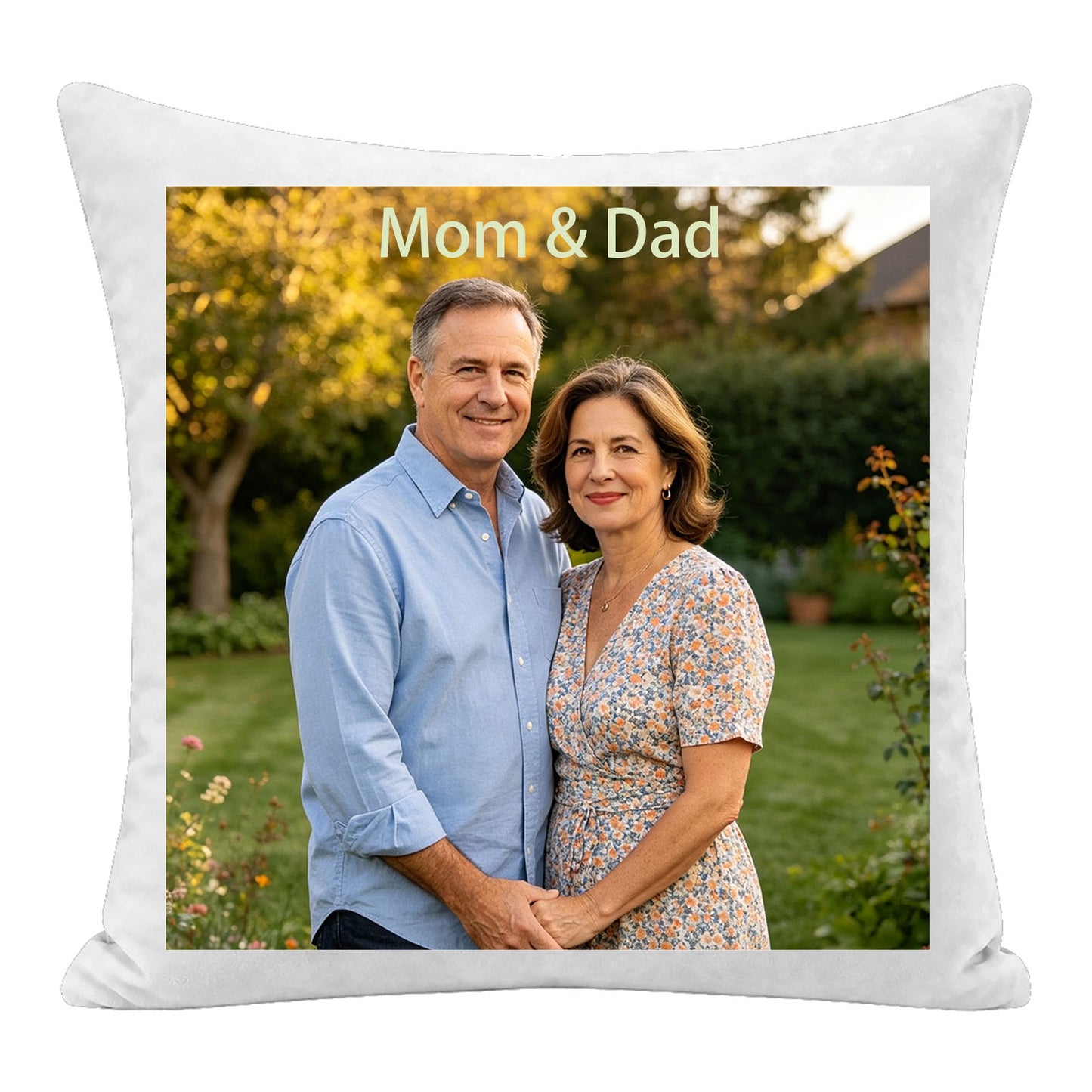 Custom Mom & Dad photo pillow personalized with the text "Mom & Dad", featuring a heartwarming portrait of parents. A premium keepsake cushion, perfect as a sentimental birthday, anniversary, or holiday gift from daughter to parents.