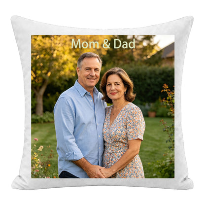 Custom Mom & Dad photo pillow personalized with the text "Mom & Dad", featuring a heartwarming portrait of parents. A premium keepsake cushion, perfect as a sentimental birthday, anniversary, or holiday gift from daughter to parents.