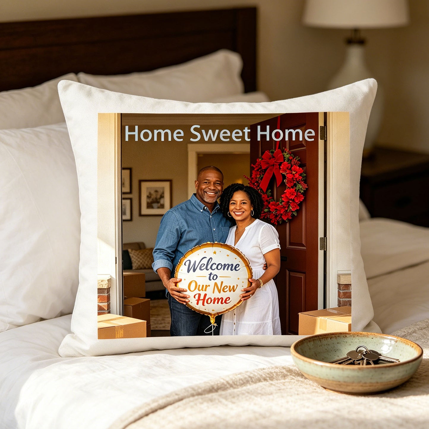 Custom housewarming photo pillow placed on a sunlit bedroom bed, next to a bowl of new house keys. A cozy, celebratory touch for the master bedroom, marking the start of life in a new home.
