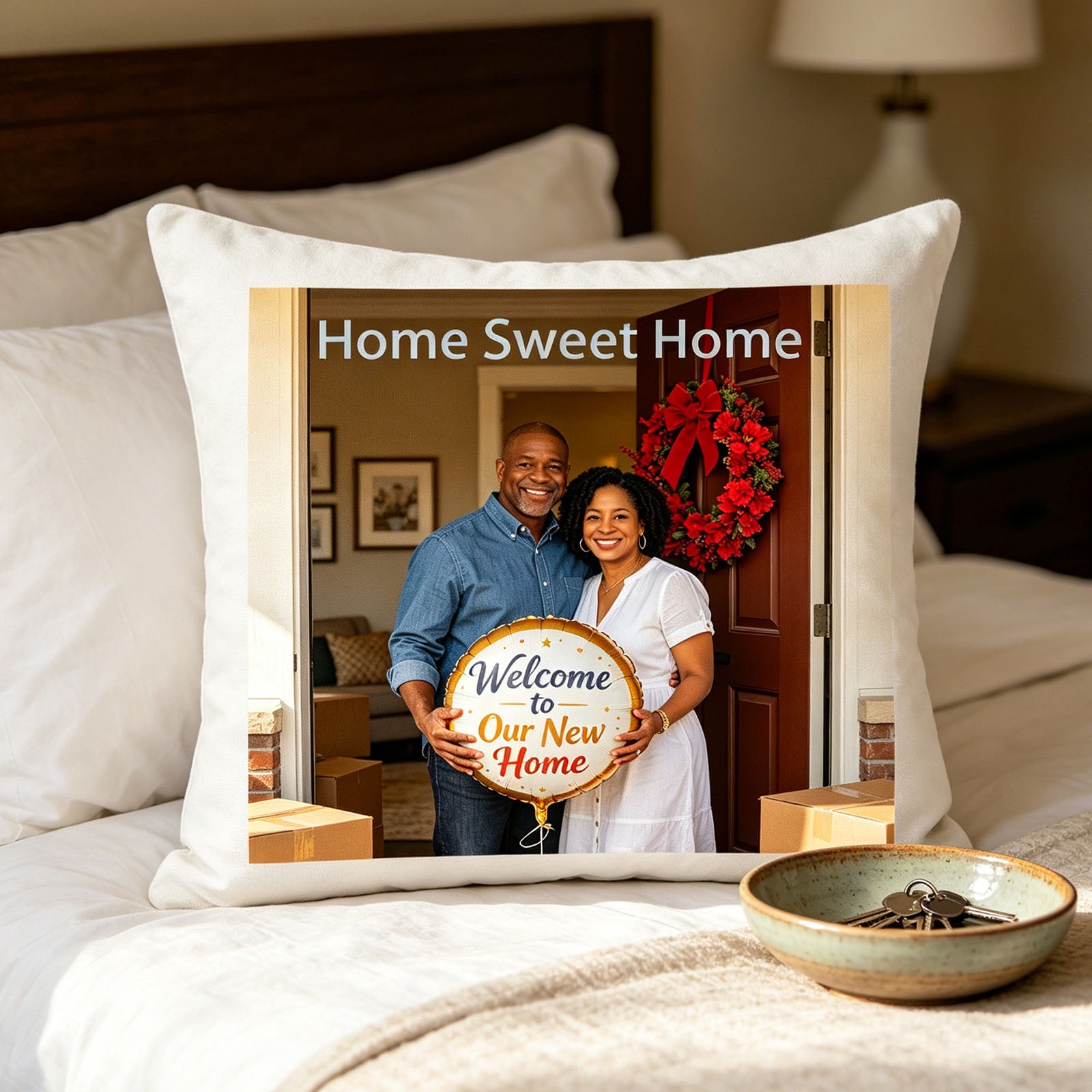 Custom housewarming photo pillow placed on a sunlit bedroom bed, next to a bowl of new house keys. A cozy, celebratory touch for the master bedroom, marking the start of life in a new home.