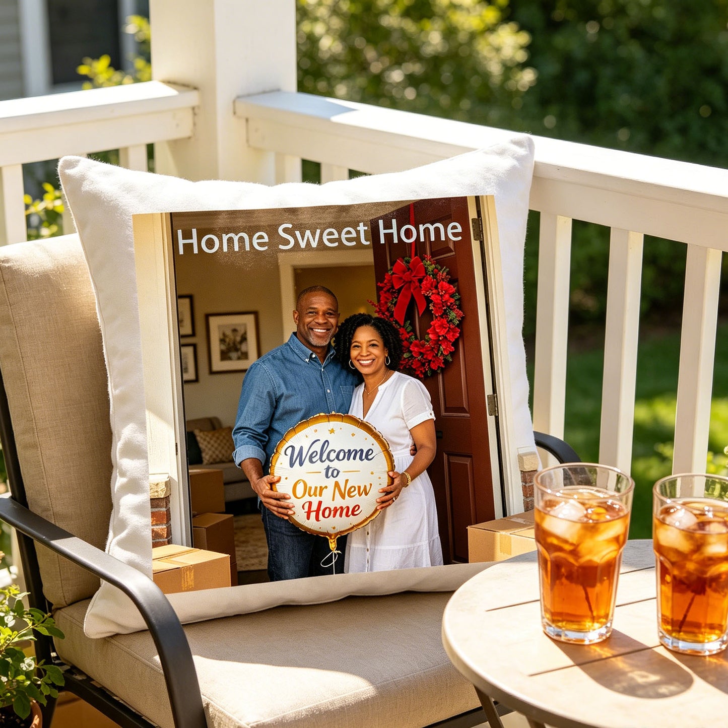 Custom housewarming photo pillow placed on a patio balcony chair, with iced tea glasses nearby. A casual, welcoming addition to outdoor spaces, perfect for enjoying the new home’s porch life.