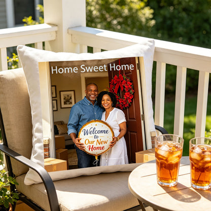 Custom housewarming photo pillow placed on a patio balcony chair, with iced tea glasses nearby. A casual, welcoming addition to outdoor spaces, perfect for enjoying the new home’s porch life.