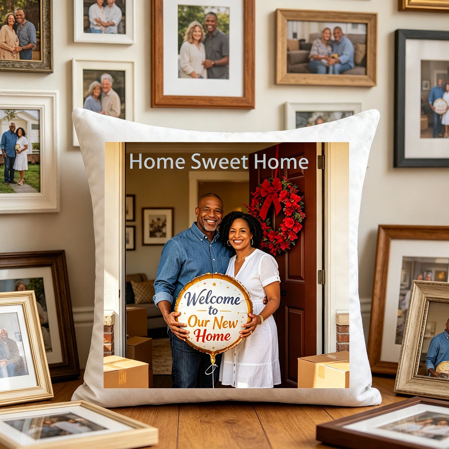 Custom housewarming photo pillow displayed on a wooden floor, surrounded by framed family photos. Blends seamlessly with a new home’s memory wall, making it a beautiful addition to any room.