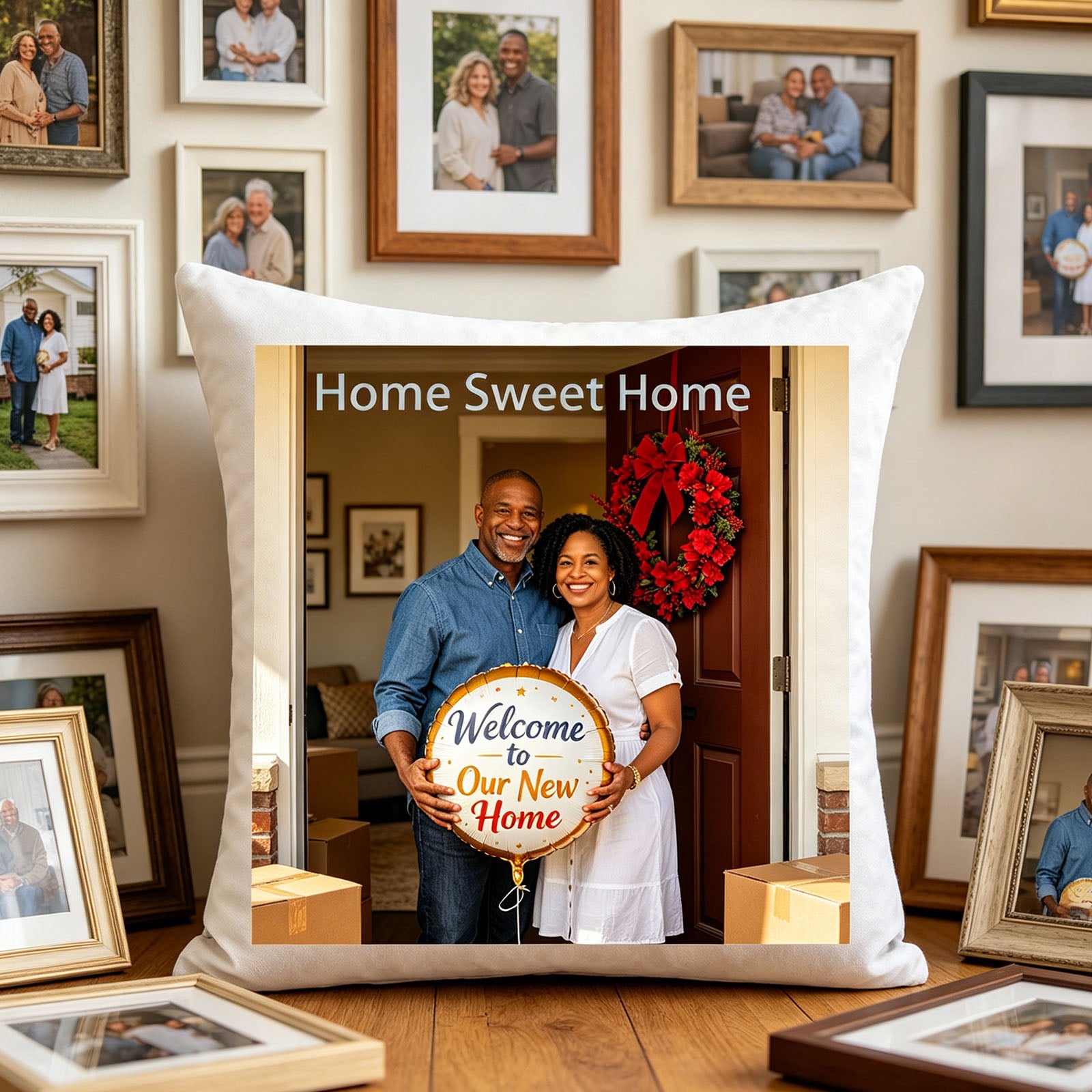 Custom housewarming photo pillow displayed on a wooden floor, surrounded by framed family photos. Blends seamlessly with a new home’s memory wall, making it a beautiful addition to any room.