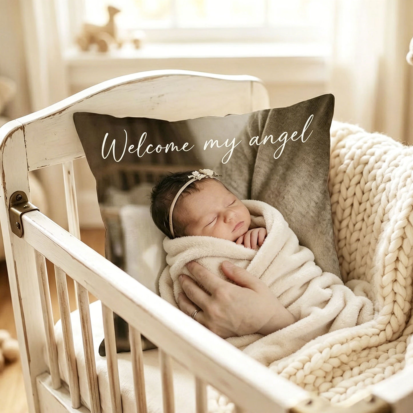 Custom newborn infant photo personalized throw pillow with editable welcome baby custom text, premium soft fabric nursery decor cushion, newborn milestone memory keepsake gift for new parents.