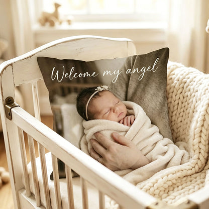 Custom newborn infant photo personalized throw pillow with editable welcome baby custom text, premium soft fabric nursery decor cushion, newborn milestone memory keepsake gift for new parents.