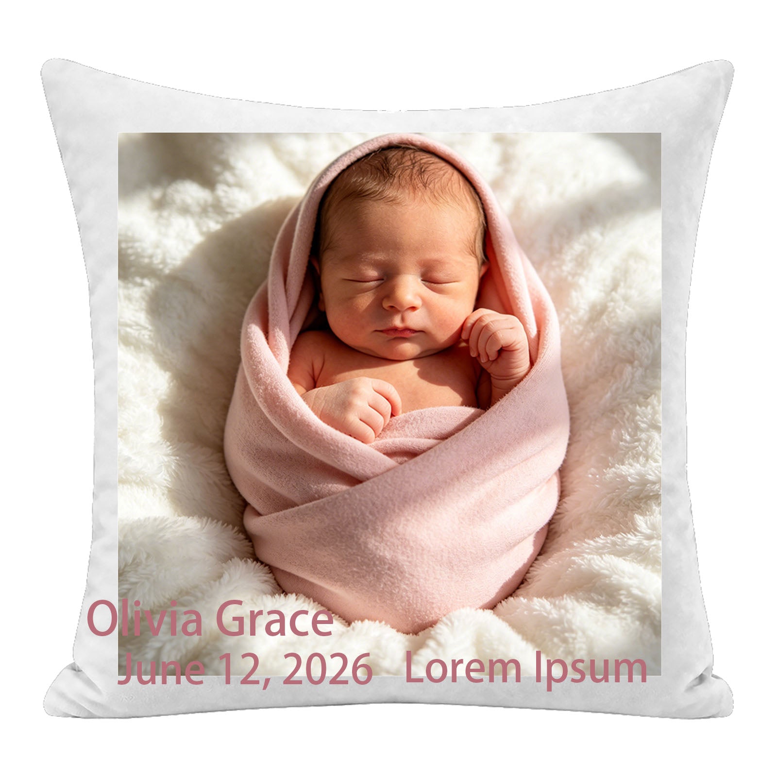 Custom newborn photo pillow personalized with baby name and birth date, featuring a sweet swaddled baby portrait. Premium soft fabric, perfect as a sentimental keepsake for new parents or a baby shower gift.