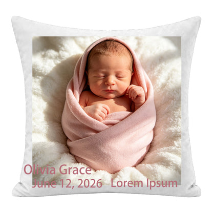 Custom newborn photo pillow personalized with baby name and birth date, featuring a sweet swaddled baby portrait. Premium soft fabric, perfect as a sentimental keepsake for new parents or a baby shower gift.