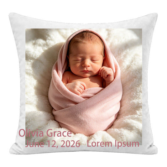 Custom newborn photo pillow personalized with baby name and birth date, featuring a sweet swaddled baby portrait. Premium soft fabric, perfect as a sentimental keepsake for new parents or a baby shower gift.