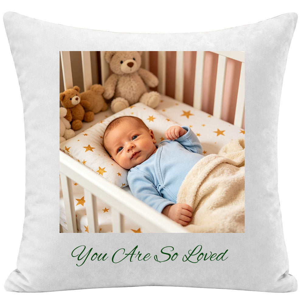 Custom newborn photo pillow personalized with the quote "You Are So Loved", featuring a baby in a star-themed crib. A premium keepsake cushion, perfect as a sentimental gift for baby showers, new parents, nursery decor, or newborn keepsakes.