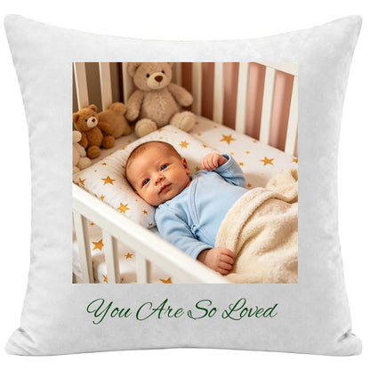 Custom newborn photo pillow personalized with the quote "You Are So Loved", featuring a baby in a star-themed crib. A premium keepsake cushion, perfect as a sentimental gift for baby showers, new parents, nursery decor, or newborn keepsakes.