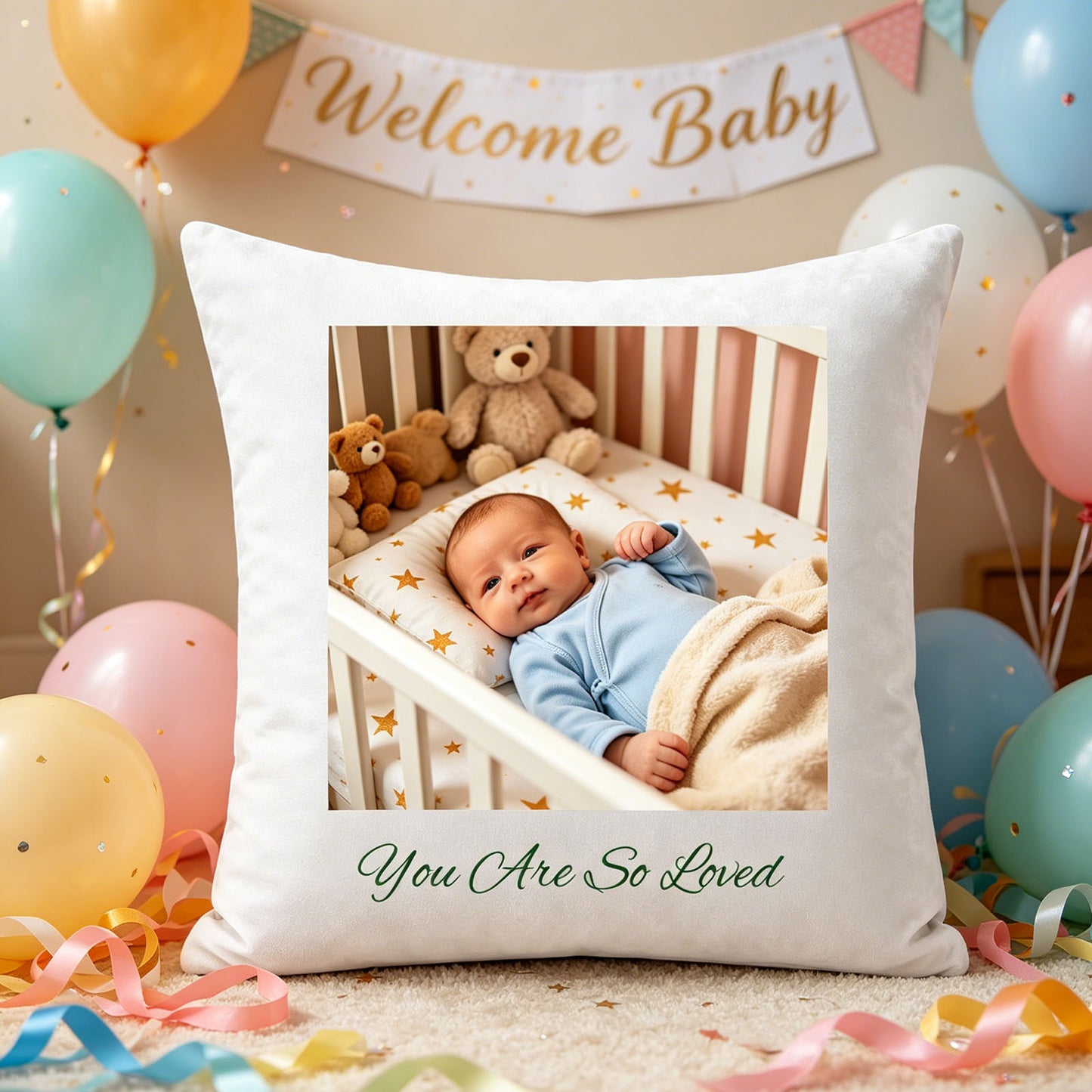 Custom newborn photo pillow placed on a plush carpet at a baby shower, surrounded by pastel balloons and a "Welcome Baby" banner. A joyful, celebratory touch showing the pillow as a thoughtful gift for welcoming a new baby.