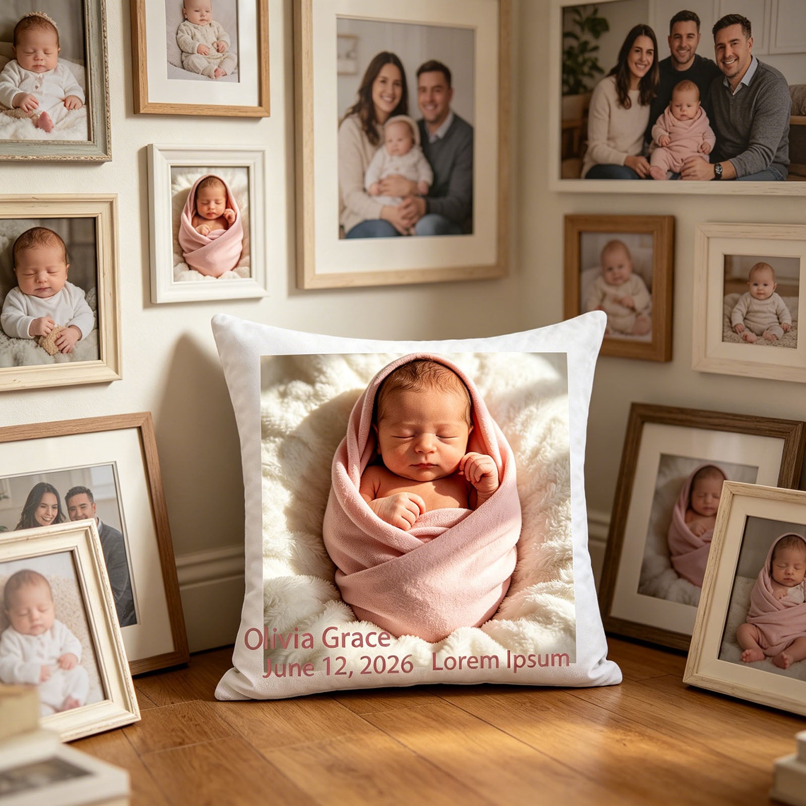 Personalized newborn keepsake pillow placed next to a wall of family photos. Blends seamlessly with your family’s memory wall, preserving your baby’s first portrait in a unique way.