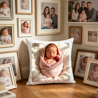 Personalized newborn keepsake pillow placed next to a wall of family photos. Blends seamlessly with your family’s memory wall, preserving your baby’s first portrait in a unique way.