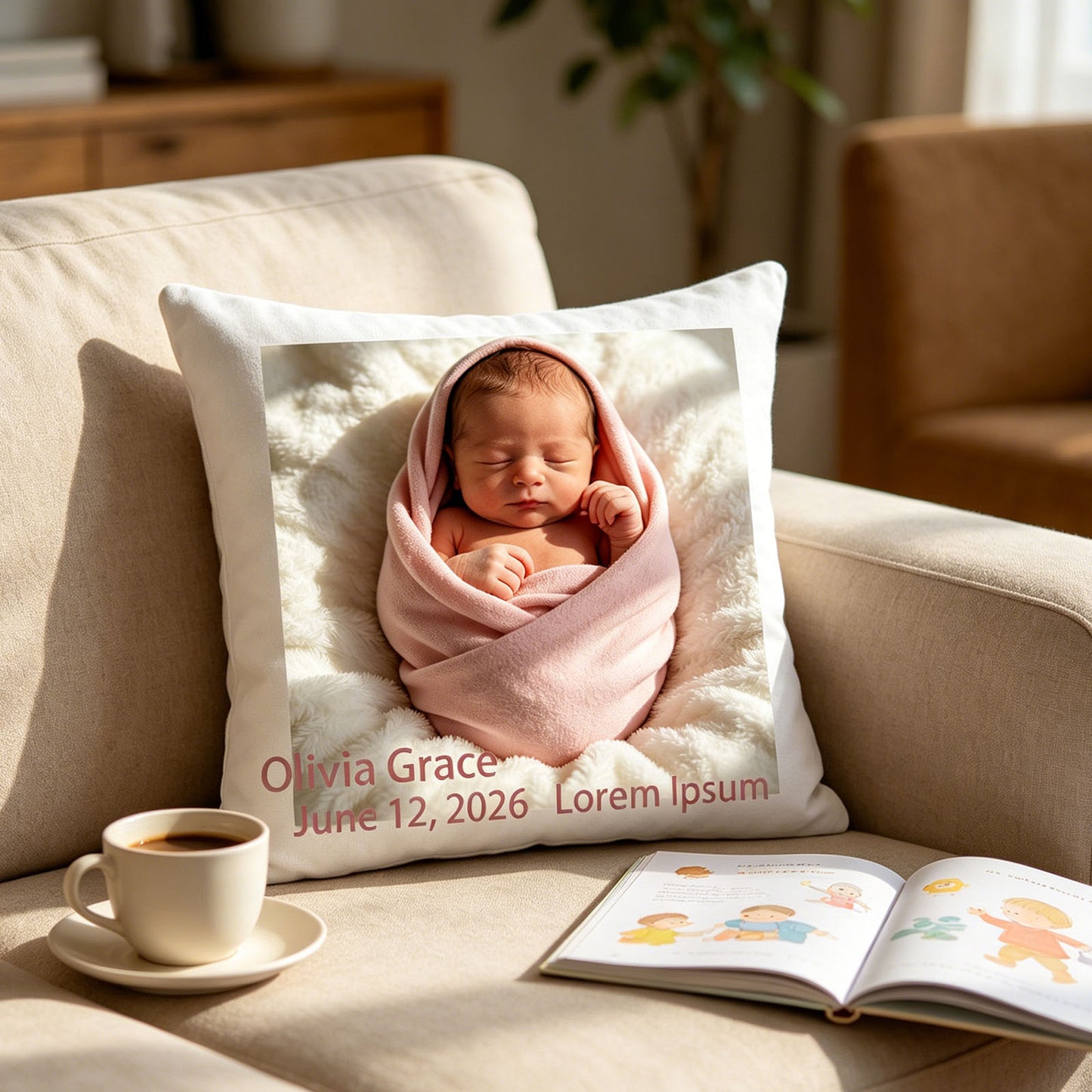 Personalized newborn keepsake pillow resting on a cozy beige living room sofa, next to a coffee cup and children’s storybook. A gentle, everyday reminder of your baby’s first moments.
