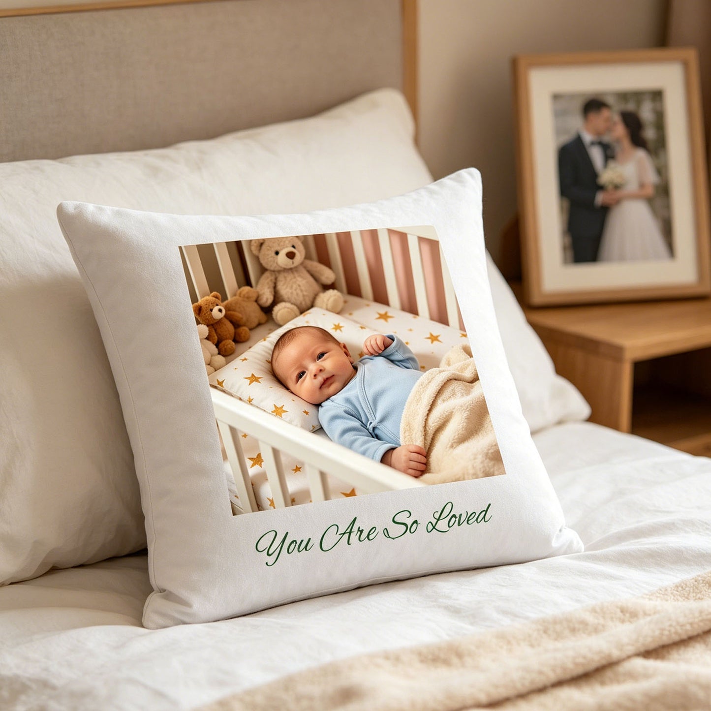 Custom newborn photo pillow placed on a sunlit master bedroom bed, with a framed wedding photo on the nightstand. A sentimental, personal touch showing the pillow as a celebration of new life in the parents’ private space.