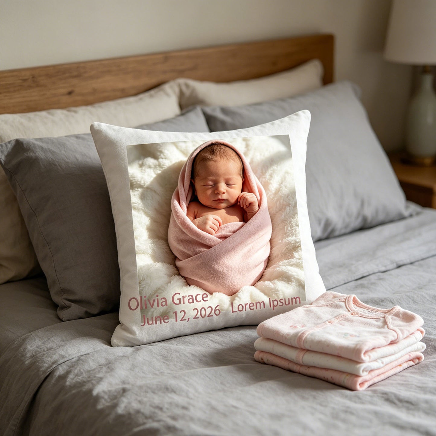 Personalized newborn keepsake pillow resting on a parent’s bed, next to folded baby clothes. A warm, sentimental touch for the master bedroom, celebrating your new little one.