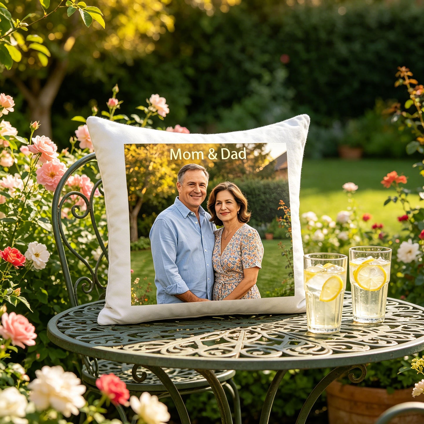 Custom Mom & Dad photo pillow placed on a vintage metal garden table, surrounded by blooming roses and lemonade glasses. A peaceful, summery touch perfect for celebrating parenthood in a daughter’s backyard.