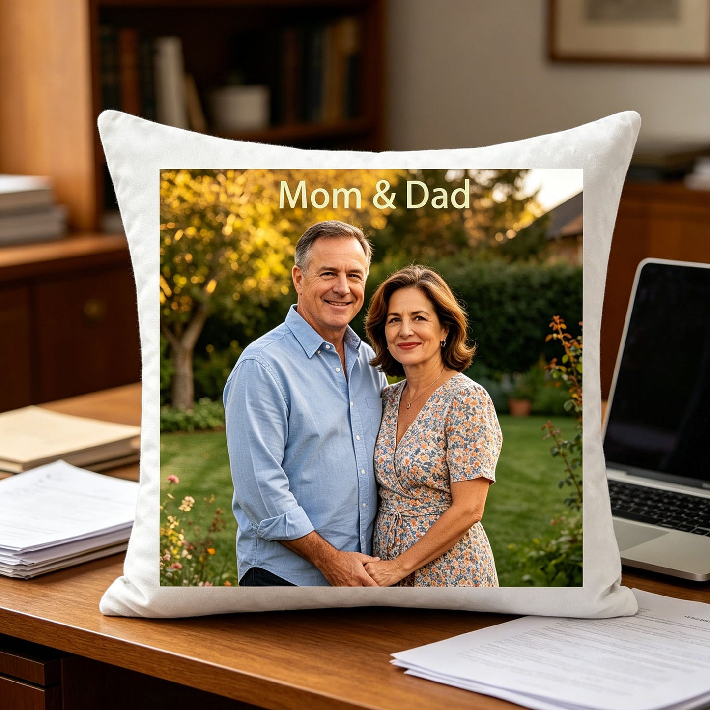 Custom Mom & Dad photo pillow placed on a sunlit home office desk, next to a laptop and stacks of papers. A heartfelt touch showing the pillow as a reminder of family support during work-from-home days.