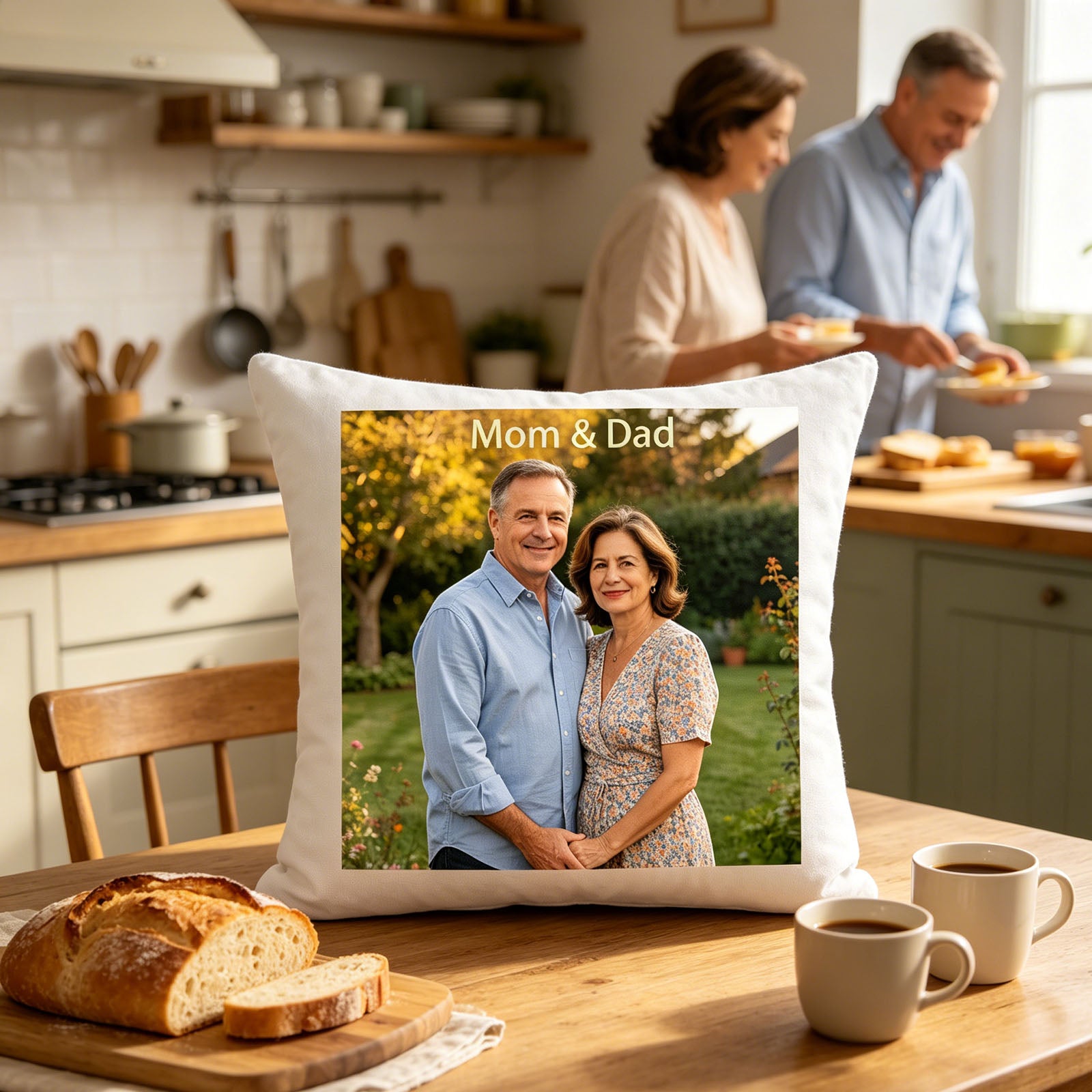 Custom Mom & Dad photo pillow placed on a wooden kitchen counter, next to fresh bread and coffee mugs. A warm, homey scene showing the pillow as part of everyday morning routines and family memories.