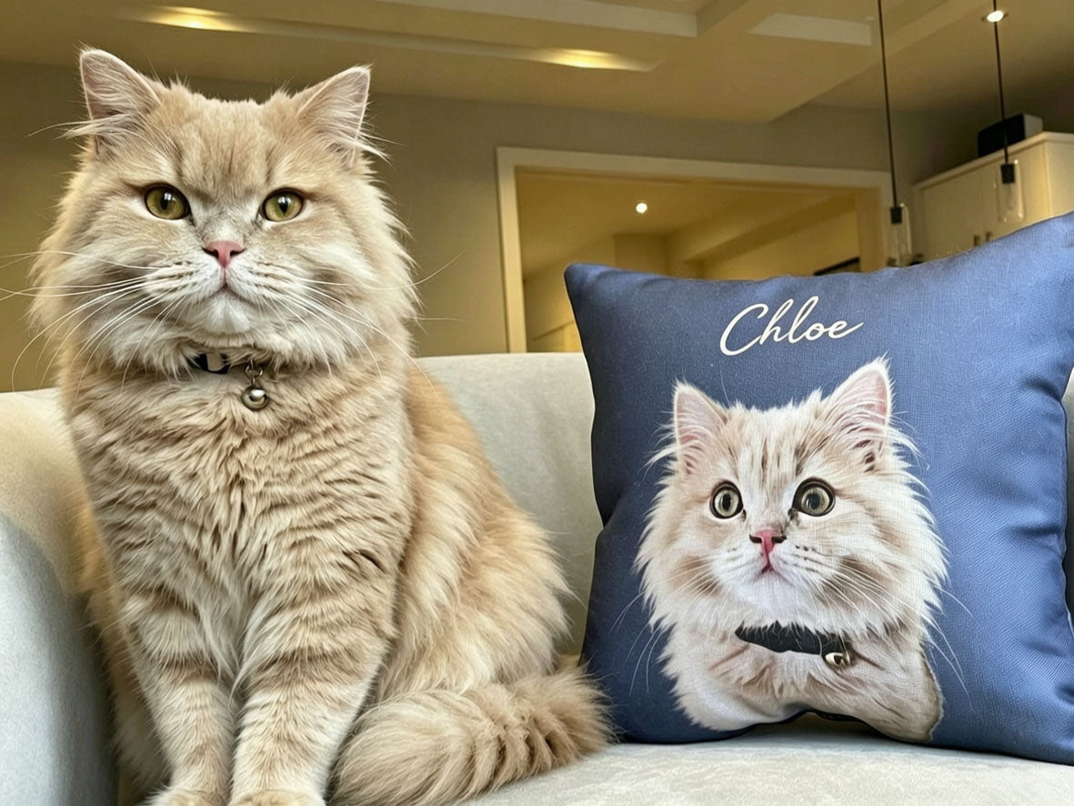 Custom personalized pet pillow with a hand-drawn portrait of a Persian cat named Chloe on a blue cushion, matching the real cat sitting next to it, ideal for cat lovers and memorial gifts.