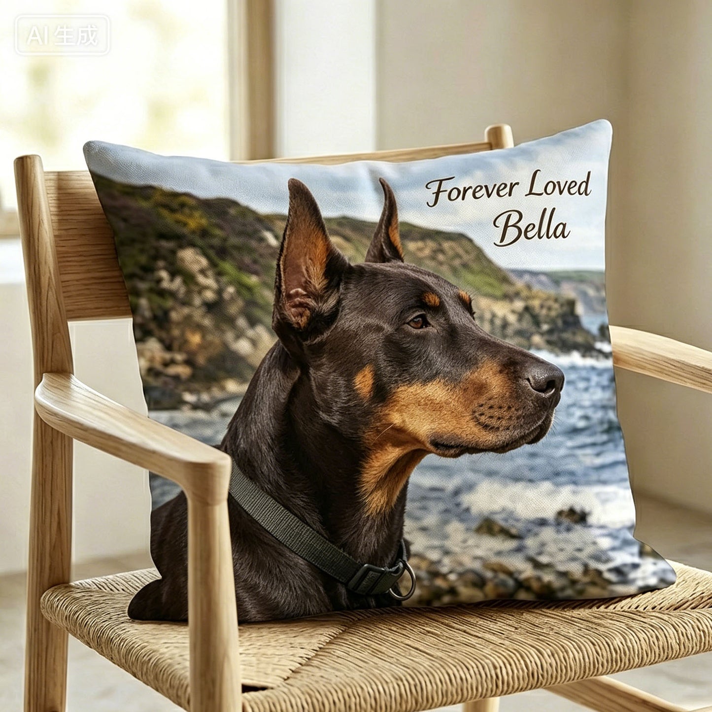 Personalized pet memorial custom photo pillow with doberman seaside portrait, customizable pet name & loving memorial slogan text, in memory of beloved dog keepsake cushion for pet lovers home decor