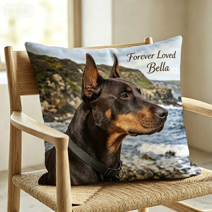 Personalized pet memorial custom photo pillow with doberman seaside portrait, customizable pet name & loving memorial slogan text, in memory of beloved dog keepsake cushion for pet lovers home decor