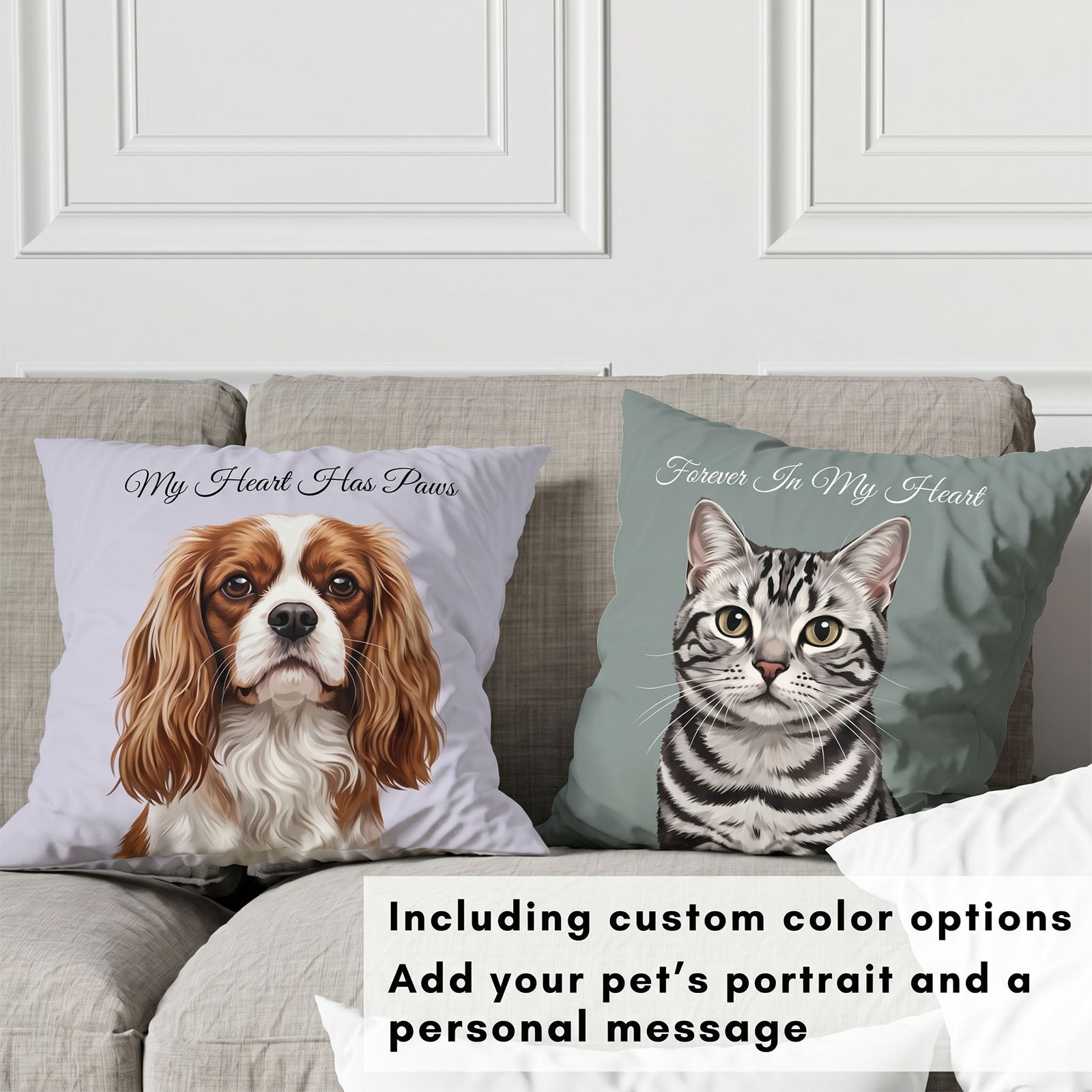 Custom pet memorial pillow with personalized cat and dog portraits, featuring heartfelt quotes like "My Heart Has Paws" for pet remembrance