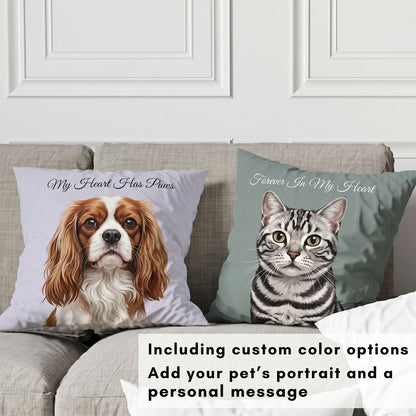 Custom pet memorial pillow with personalized cat and dog portraits, featuring heartfelt quotes like "My Heart Has Paws" for pet remembrance
