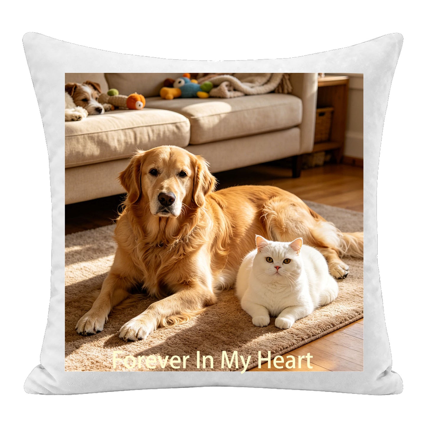 Custom pet photo pillow personalized with the quote "Forever In My Heart", featuring a golden retriever and white cat. A premium keepsake cushion, perfect as a sentimental memorial gift, pet loss tribute, or gift for pet lovers.
