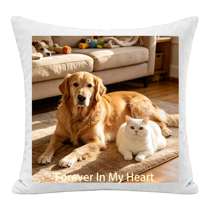 Custom pet photo pillow personalized with the quote "Forever In My Heart", featuring a golden retriever and white cat. A premium keepsake cushion, perfect as a sentimental memorial gift, pet loss tribute, or gift for pet lovers.

