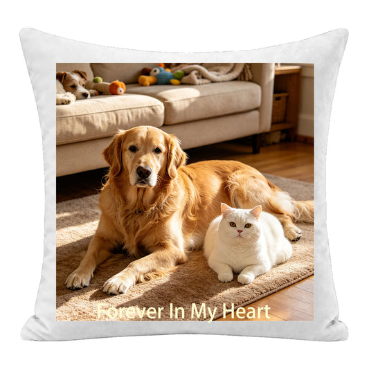 Custom pet photo pillow personalized with the quote "Forever In My Heart", featuring a golden retriever and white cat. A premium keepsake cushion, perfect as a sentimental memorial gift, pet loss tribute, or gift for pet lovers.
