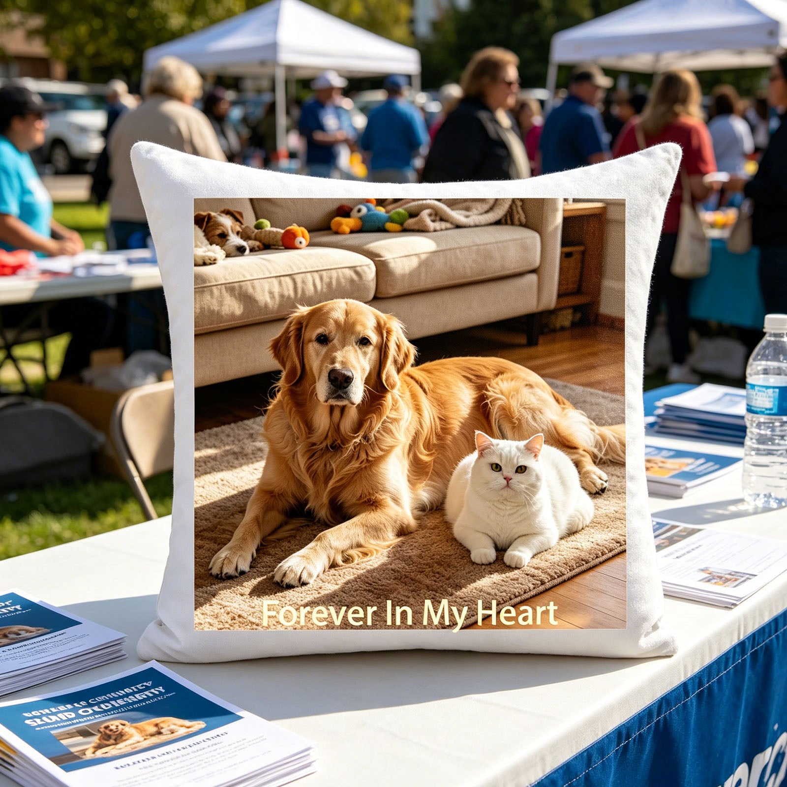 Custom pet photo pillow placed on an outdoor adoption event table, surrounded by pet care brochures and water bottles. A heartfelt, meaningful touch celebrating pet love and support for animal welfare.