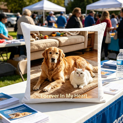 Custom pet photo pillow placed on an outdoor adoption event table, surrounded by pet care brochures and water bottles. A heartfelt, meaningful touch celebrating pet love and support for animal welfare.