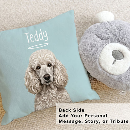 Custom pet pillow back side with personalized message, story, or tribute text, paired with a poodle portrait on the front
