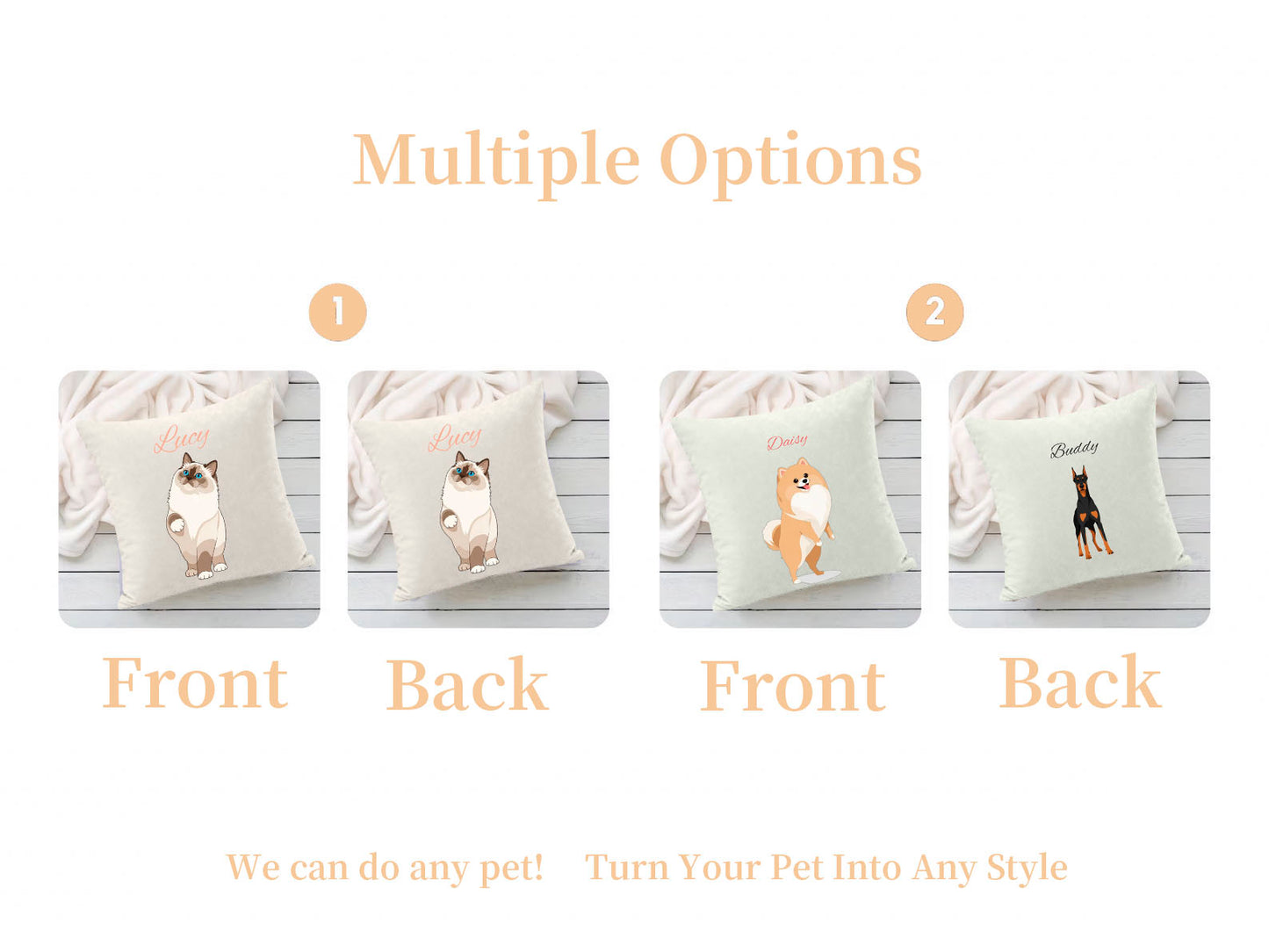 Multiple design options for custom pet pillows, showing front and back views of personalized cat and dog portraits in different art styles, including Lucy the Siamese cat, Daisy the Shiba Inu, and Buddy the Doberman.