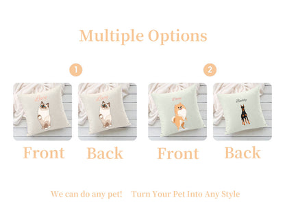 Multiple design options for custom pet pillows, showing front and back views of personalized cat and dog portraits in different art styles, including Lucy the Siamese cat, Daisy the Shiba Inu, and Buddy the Doberman.