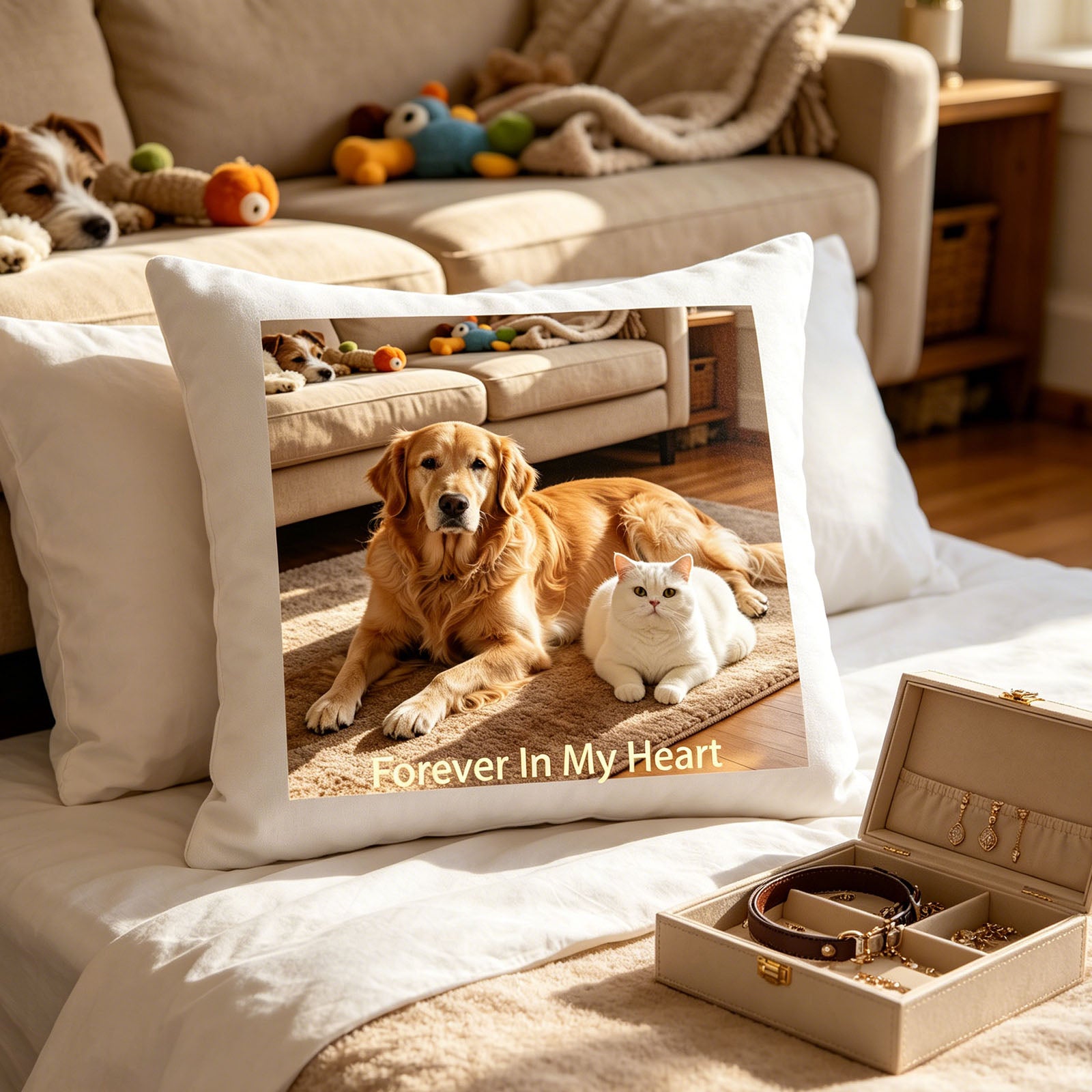 Custom pet photo pillow placed on a sunlit master bedroom bed, next to an open jewelry box. A tender, personal touch showing the pillow as a special keepsake in the owner’s private space.