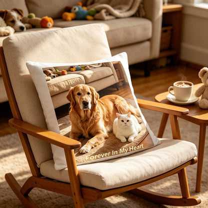 Custom pet photo pillow placed on a classic wooden rocking chair in a cozy reading nook, with a hot coffee mug and stuffed teddy bear on the side table. A warm, comforting touch perfect for quiet evenings reminiscing about a beloved pet.