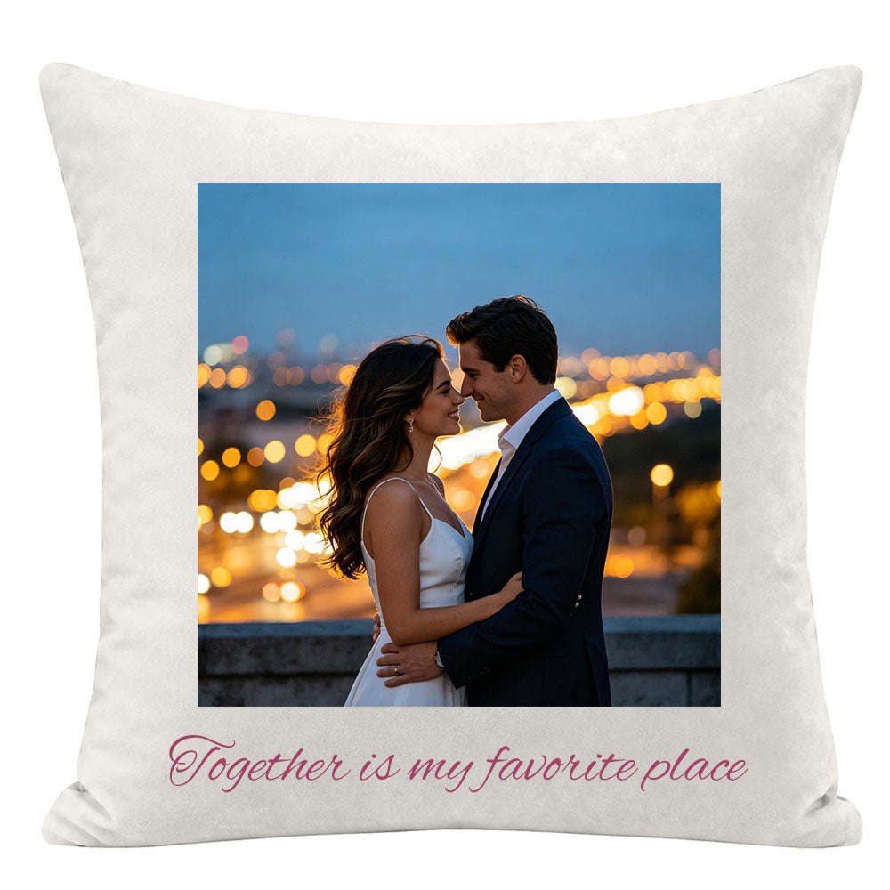 Custom couple pillow with "Together is my favorite place" quote, elegant city twilight bokeh lights, couple embracing, personalized wedding/anniversary keepsake