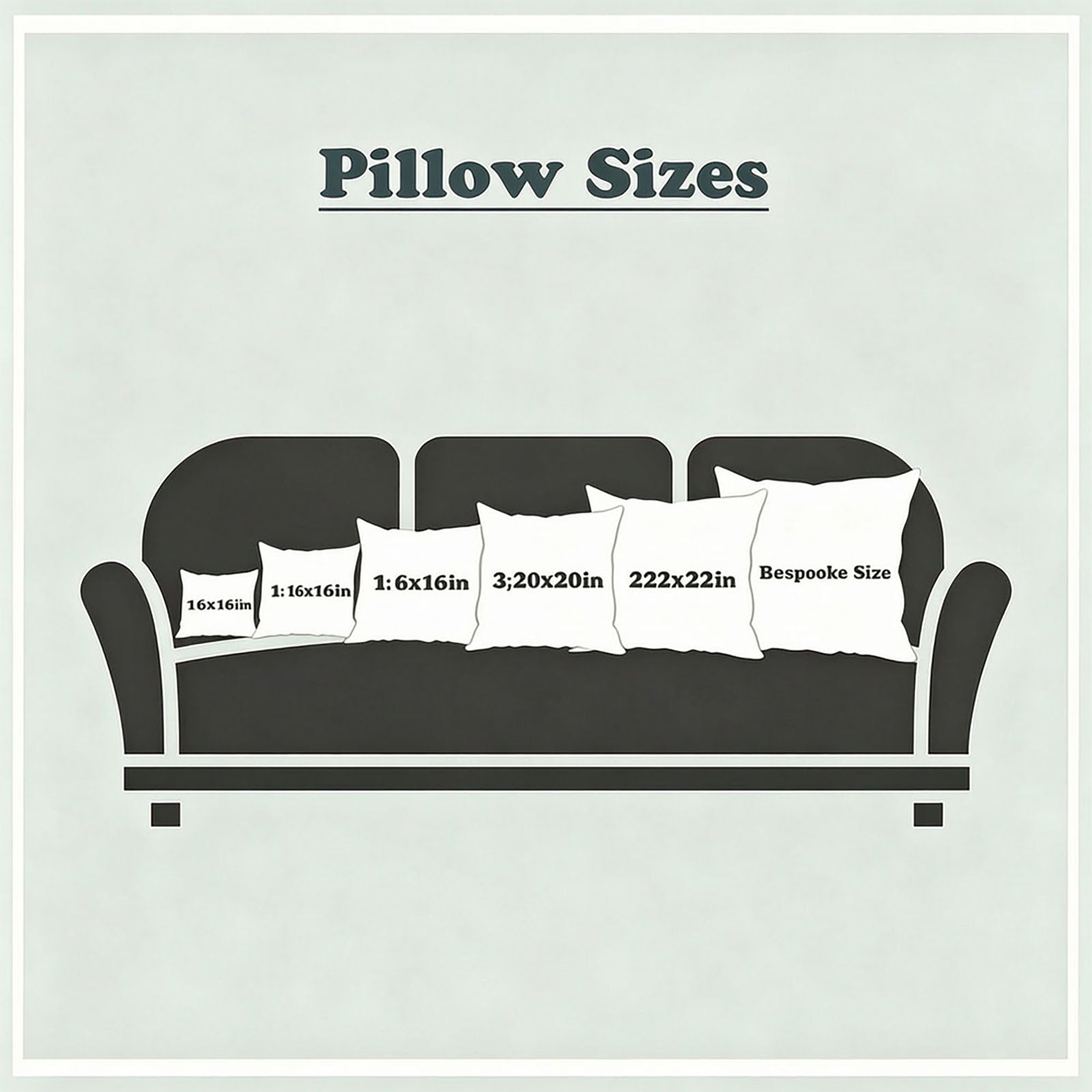 Infographic showing custom pillow size options: 16x16in, 20x20in, 22x22in, and bespoke sizes, displayed on a sofa to help you choose the perfect fit for your baby and pet keepsake.