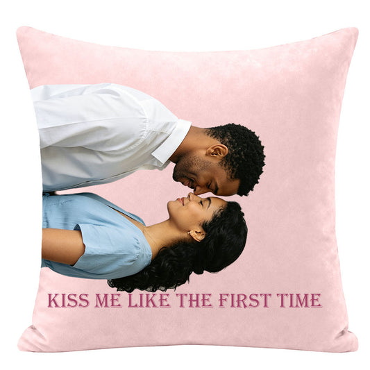 Personalized couple photo pillow with "KISS ME LIKE THE FIRST TIME" quote, romantic custom love pillow, premium personalized throw pillow with couple portrait, unique custom anniversary gift
